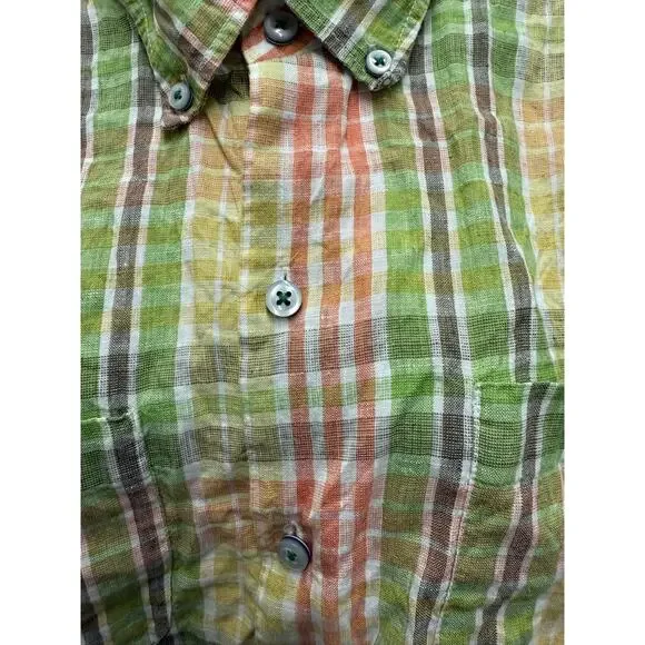 TOMMY BAHAMA Women Large Linen Cotton Plaid Long Sleeve Button Shirt Green pink - Picture 1 of 4